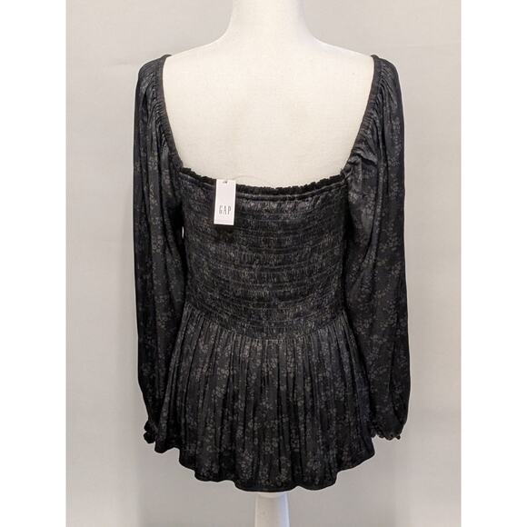 GAP Smocked Peplum Top Black Floral Sz XL GothCore PrairieCore - Picture 8 of 13